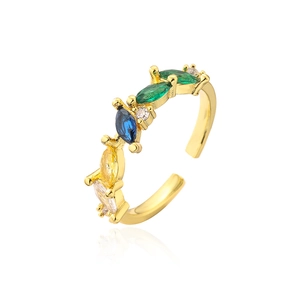 Macro detail of 18K gold plated ring featuring colorful marquise-cut stones and wave band