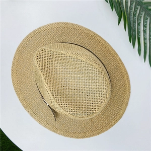 Classic woven straw sun hat with leather band and hollow texture for summer beach