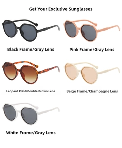 Multiple stylish geometric sunglasses in black, pink, leopard, beige, and white frames