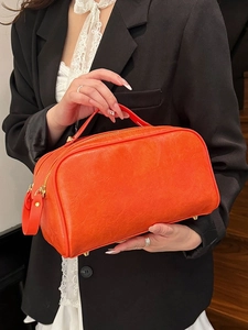Trousse de maquillage de voyage en cuir PU orange avec fermeture éclair dorée