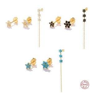 925 Sterling Silver Star Stud Earrings And Long Tassel Ear Line Jewelry With Zirconia Gold Plated Asymmetric Earrings For Women