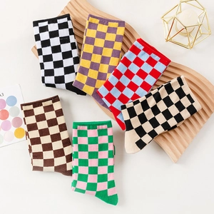 Checkerboard pattern crew socks set in six vibrant color combinations for women