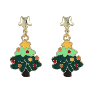 Detail of Christmas tree earrings with colorful enamel glaze and golden star studs