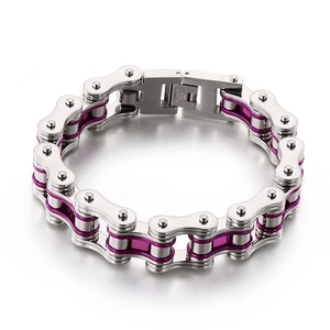 Men Motorcycle Chain Bracelet Stainless Steel Purple Accents Industrial Punk Hip Hop Rocker Style Heavy Metal Jewelry