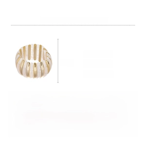 Detail view of the wide stretch acrylic bracelet in cream and gold with size specs