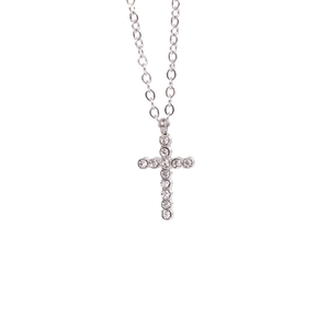 Detail shot of silver stainless steel cross pendant necklace with sparkling rhinestones