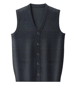 Detail of grey knitted vest sweater with button-front V-neck and diamond pattern texture