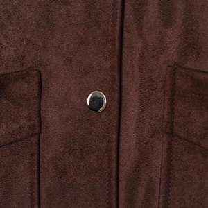 Women's dark brown faux suede jacket featuring metallic silver button details and pockets