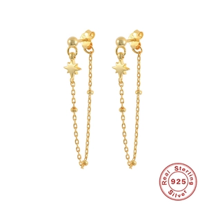 S925 sterling silver gold-plated long tassel drop earrings with octagonal star pendants