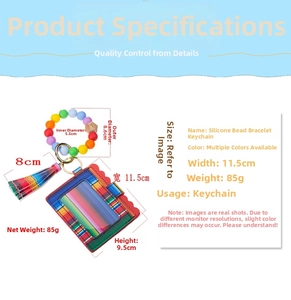 Detailed dimensions of the rainbow striped card holder with silicone bead bracelet