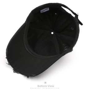 Internal view of distressed black cotton baseball cap with adjustable metal buckle and lining