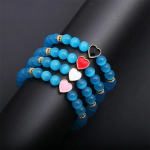 Natural lake blue cat eye stone bead bracelets set with colorful heart charms