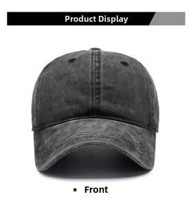 Close-up of washed cotton texture and front panel of the grey vintage baseball cap