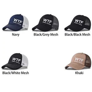 Five styles of WTF Where's the Fish mesh trucker hats in various color combinations
