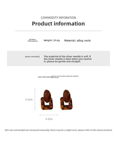 Size chart showing large square resin earrings dimensions 6.5cm by 4.3cm with metal alloy