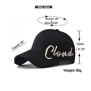 Detailed size guide for black Cloud baseball cap with 7cm brim and adjustable strap