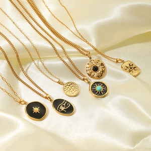 Retro stainless steel gold necklaces featuring hexagram star and turquoise coin pendants