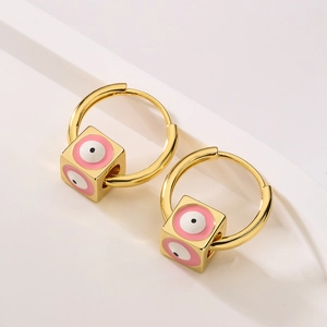 18K gold plated hoop earrings with pink evil eye cube charms on a white background
