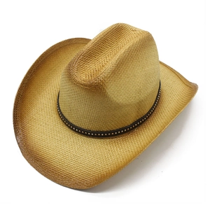Western Cowboy Straw Hat Wide Brim Paper Straw Sun Protection Retro Style With Riveted Leather Band