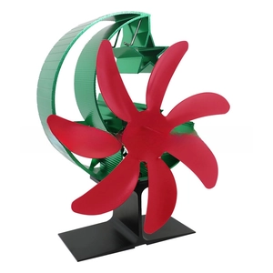 Detail of 6-blade heat powered stove fan with star and moon bracket and red blades
