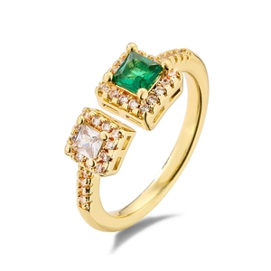 Luxurious adjustable gold-plated ring with emerald green and white zircon stones