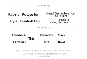 Detailed size specifications for a lightweight polyester baseball cap with 56-61cm circumference