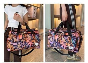 Travel tote with plant leaf print showing large capacity and wet-dry separation features