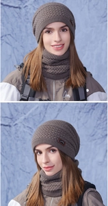 Detailed knit texture of coffee-colored winter beanie hat and matching scarf set