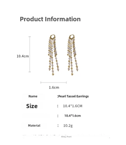 Detail showing pearl tassel earrings with dimensions of 10.4cm length and alloy material