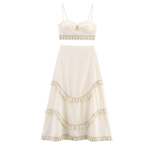 Women Vacation Two Piece Skirt Set Tassel Camisole Top And Tiered Maxi Skirt Bohemian Sexy Summer Outfit