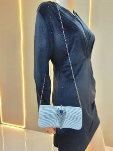 Detail showing the light blue glitter clutch featuring a crystal peacock feather pattern