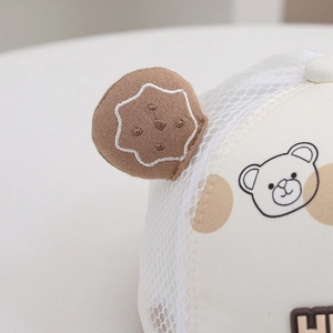 Detailed macro view of breathable mesh fabric and 3D bear ears on a baby sun hat