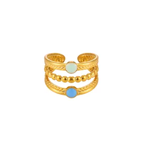 Detail of adjustable gold-plated stainless steel ring with colorful enamel inlay