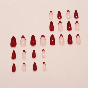 Elegant deep red and nude almond fake nails with glossy finish 24pcs set for women