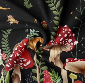 Macro shot showing the clear fabric texture and vivid mushroom print of this tapestry