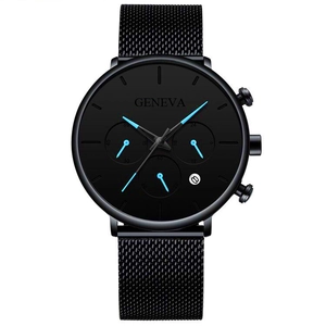 Macro detail of Geneva quartz watch with black mesh band and blue luminous hands