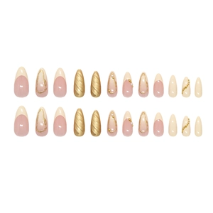 Almond-shaped press-on nails set with gold pearls and French gradient 3D designs