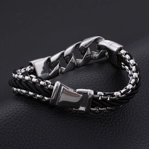 Detailed macro view of men's braided black leather and polished stainless steel bracelet