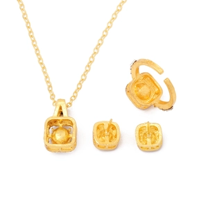 Detailed view of 4-piece gold jewelry set with hollow square pendants and central beads