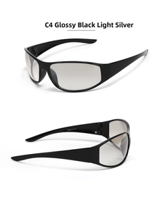 Detail view of Y2K style black sunglasses with silver lenses and CE certification mark