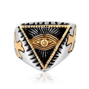 Men's titanium steel Eye of Providence ring with gold cross accents on silver band