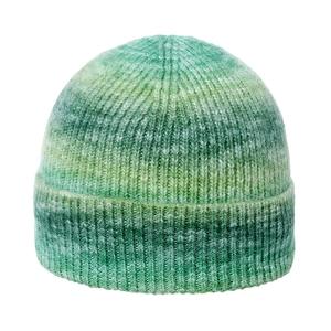 Gradient green knit beanie with chunky yarn texture and cuffed design for winter
