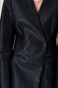 Detail of black PU leather blazer featuring V-neck, single button and smooth texture