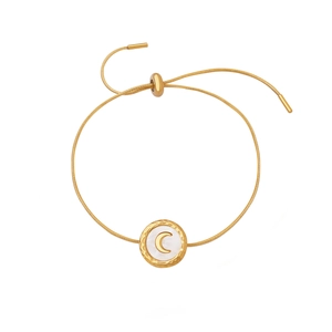 Gold stainless steel crescent moon bracelet with white shell inlay and sliding toggle