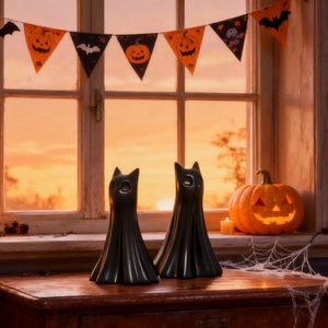 Twee zwarte kat-spookfiguurtjes in een Halloween-omgeving met pompoenen en spinnenwebben