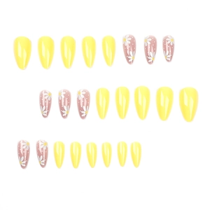 Set de faux ongles amande courts avec motifs de marguerites blanches et jaune vif