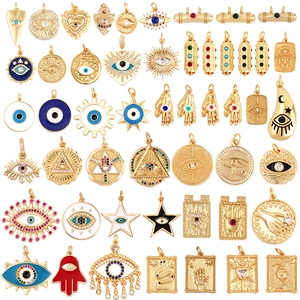 Evil Eye Hamsa Hand Pendants Copper Gold Plated Zirconia Enamel Charms For DIY Necklace Making Jewelry Bohemian Style