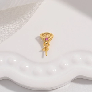 Detailed fan-shaped gold pendant clasp with pink zircon and pin for pearl attachment