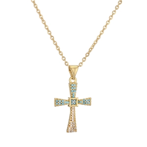 Gold-plated cross necklace for women with turquoise beads and sparkling clear crystals