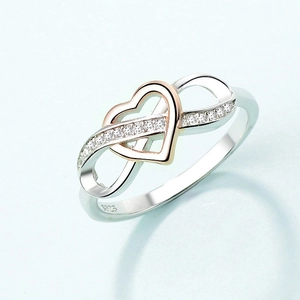 Elegant S925 silver infinity heart ring with pavé diamonds and rose gold finish